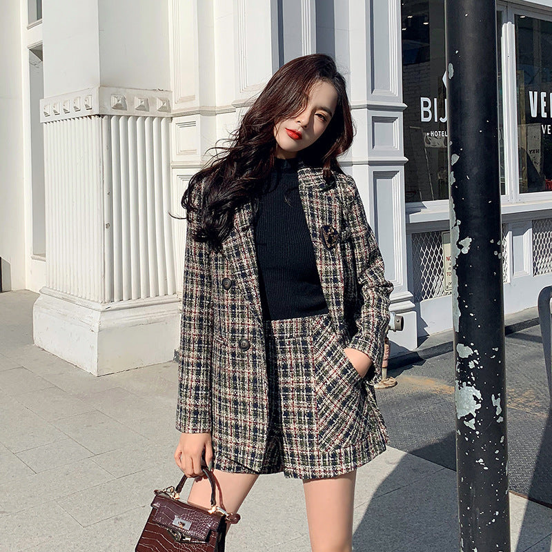 Plaid Tweed Blazer and Shorts Co-ord Set | Contemporary Women's Tailored Suit Ensemble