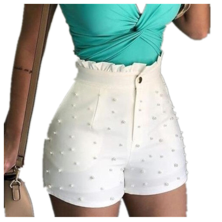 Embellished Elegance Shorts | High-Waisted Shorts with Pearl Accents