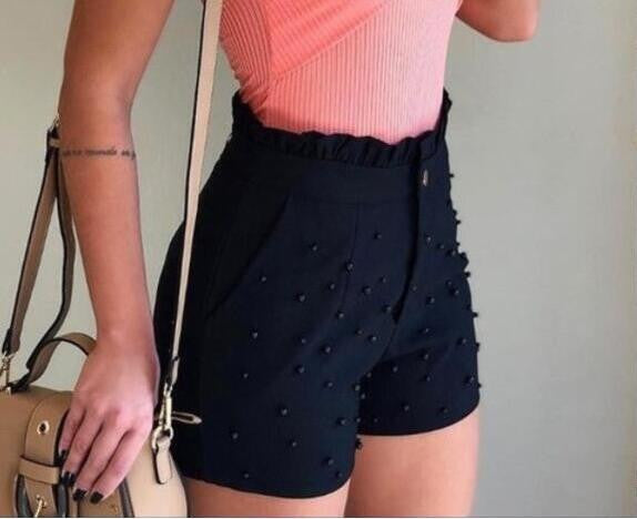 Embellished Elegance Shorts | High-Waisted Shorts with Pearl Accents