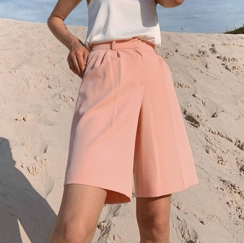 Contemporary Bermuda Shorts | Zipper Button Solid Color for Elegance