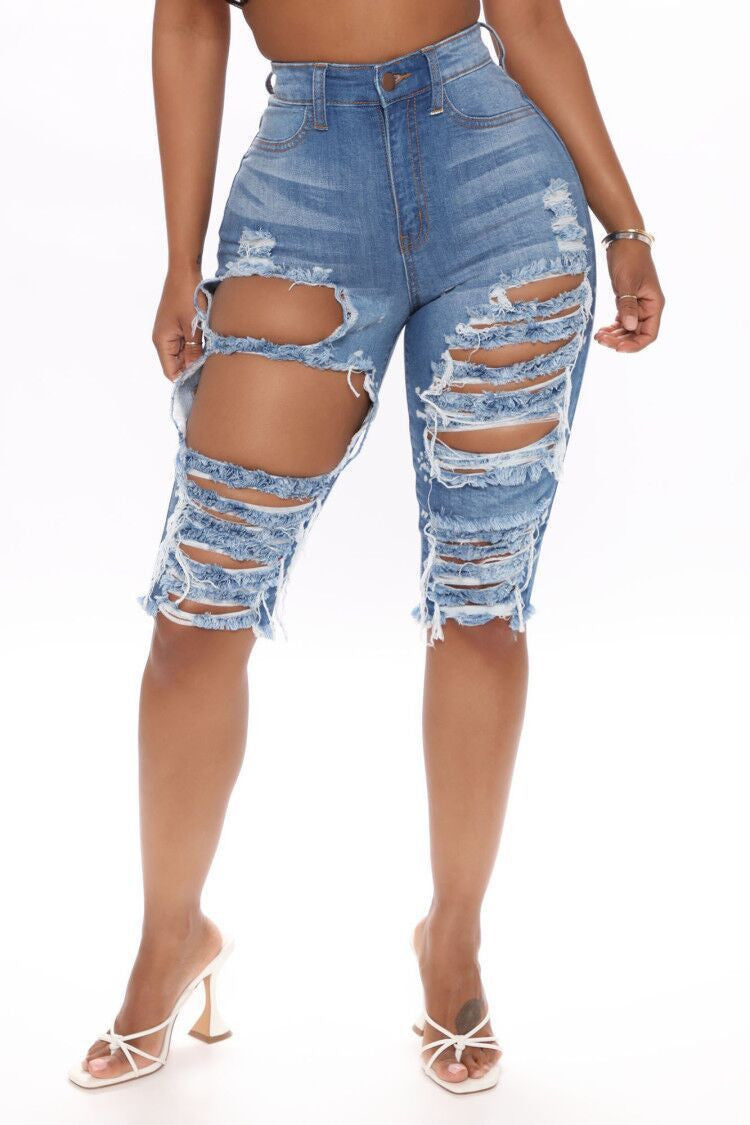 Ripped Knee-Length Jean Shorts | Bold Urban Shorts for Women