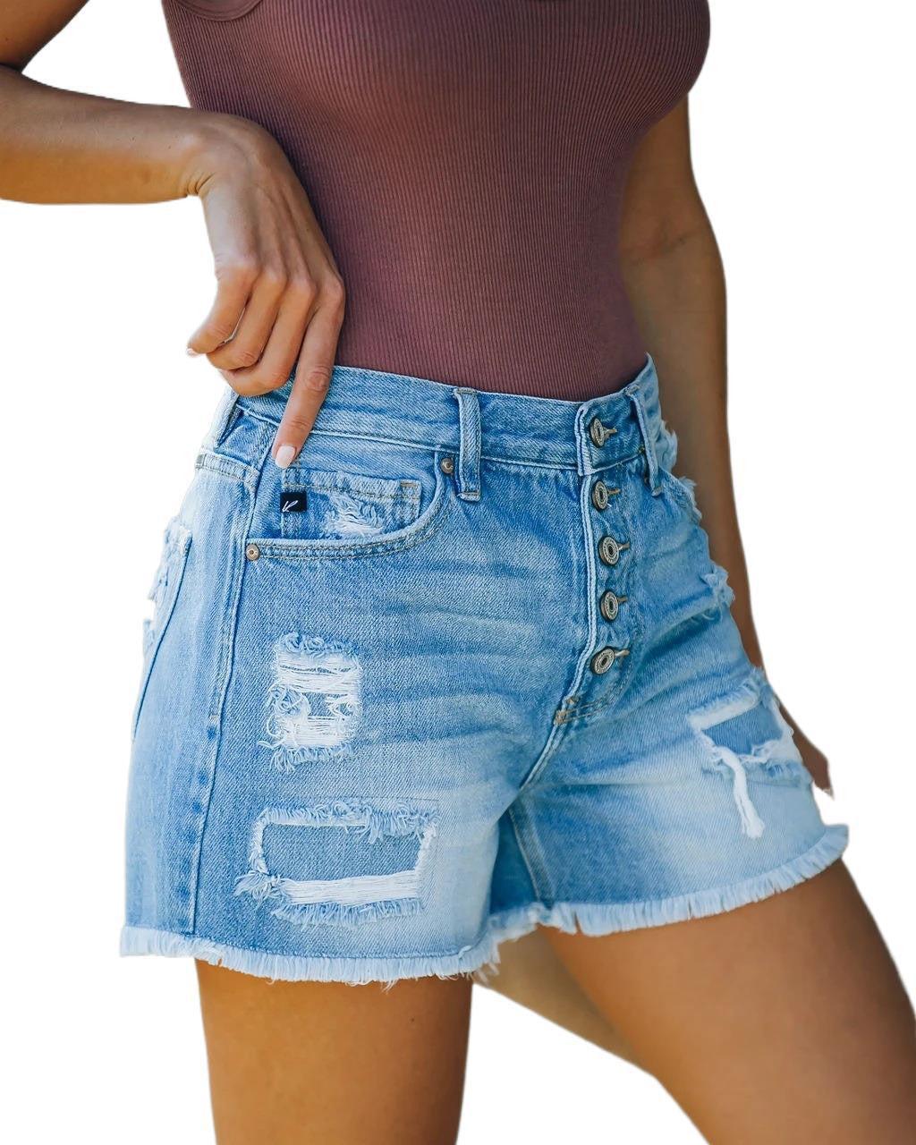 Trendy High Waisted Jean Shorts | Casual Straight Leg Shorts with Distressed Detail