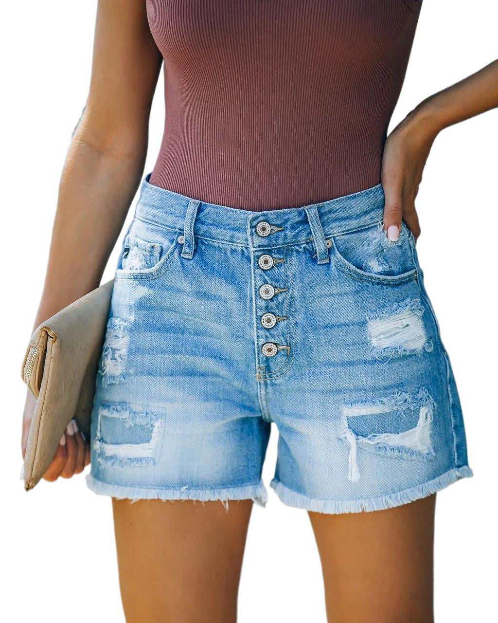 Trendy High Waisted Jean Shorts | Casual Straight Leg Shorts with Distressed Detail