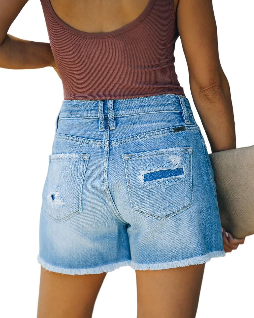 Trendy High Waisted Jean Shorts | Casual Straight Leg Shorts with Distressed Detail