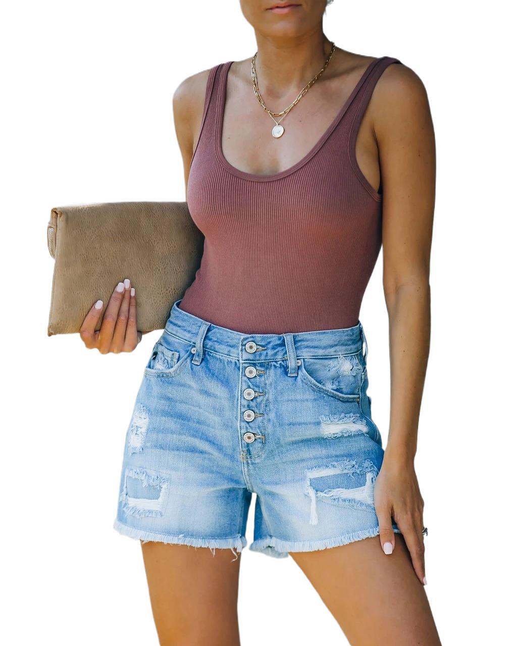 Trendy High Waisted Jean Shorts | Casual Straight Leg Shorts with Distressed Detail