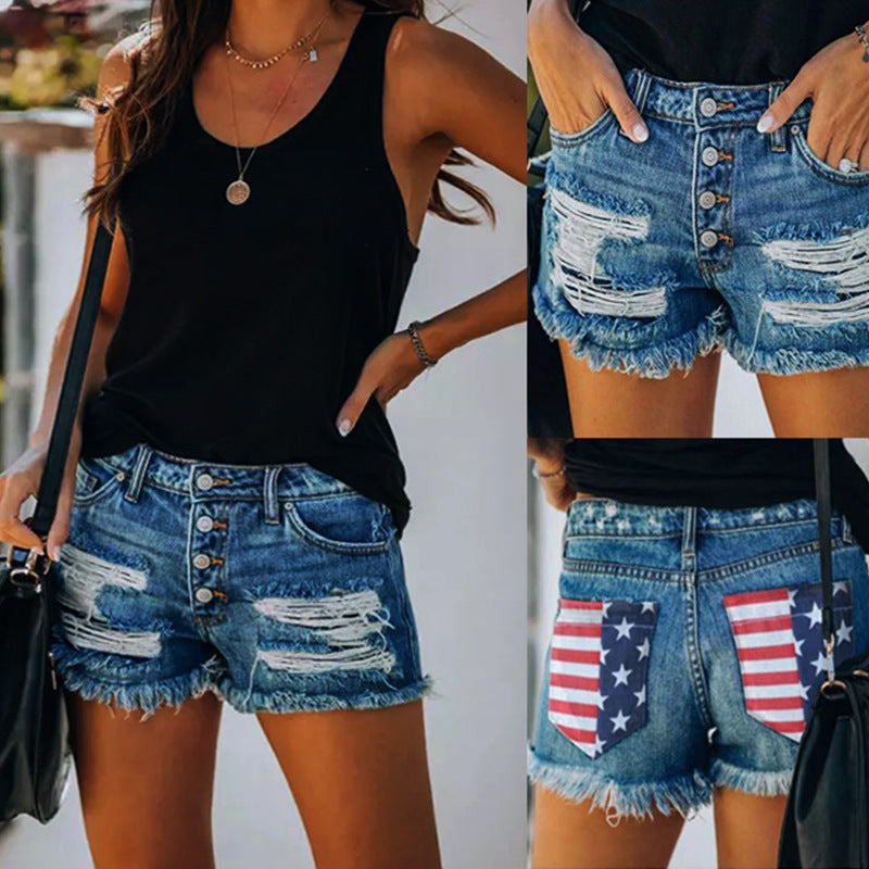 Ripped American Flag Shorts⎥USA Flag Shorts with Fringe Detail