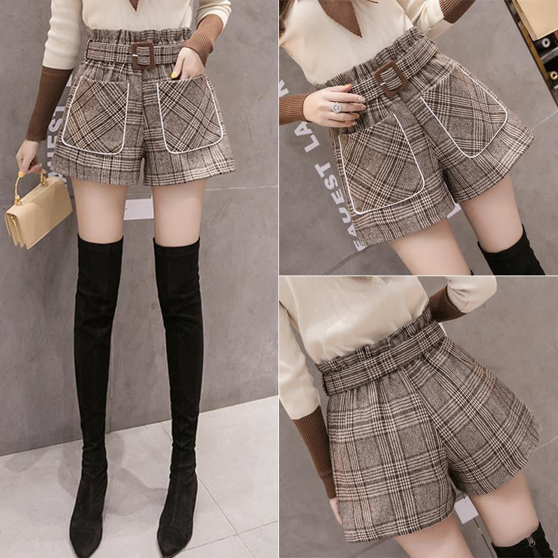 Women's Woolen Dress Shorts | Plaid Wide-Leg Shorts