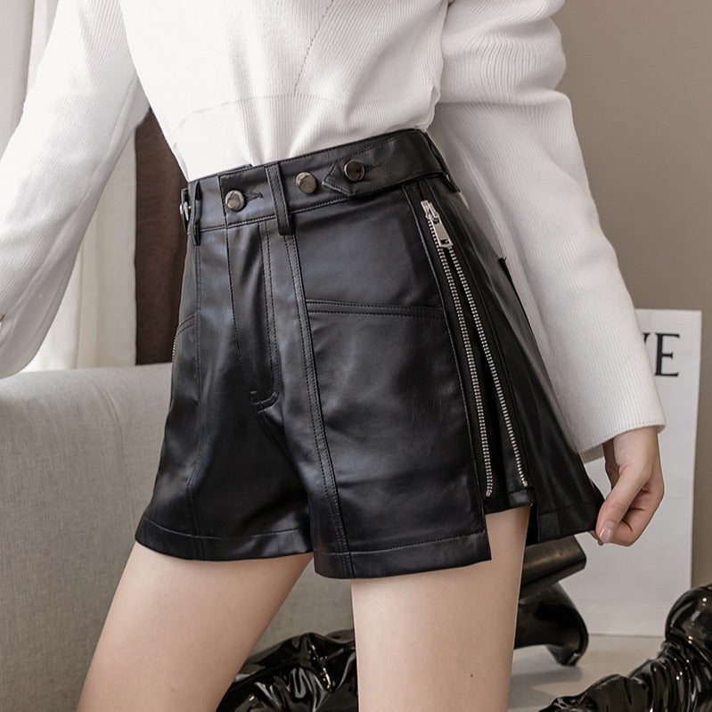 Black PU Leather Shorts⎥High-Waist Zipper Shorts for Women