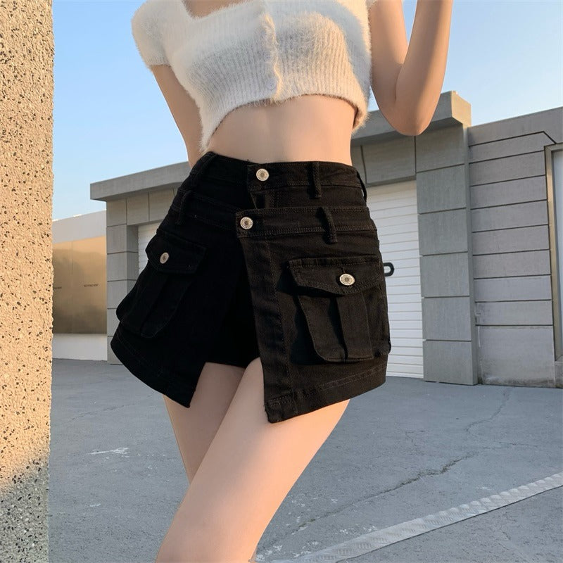 High-Waisted Layered Denim Skort | Versatile Irregular Hem Skirt Shorts