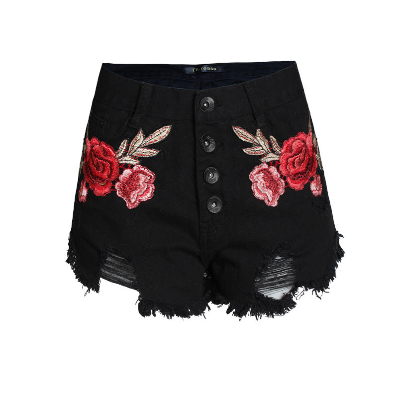 Floral Embroidered Denim Shorts⎥Chic Frayed Hem Jorts for Women