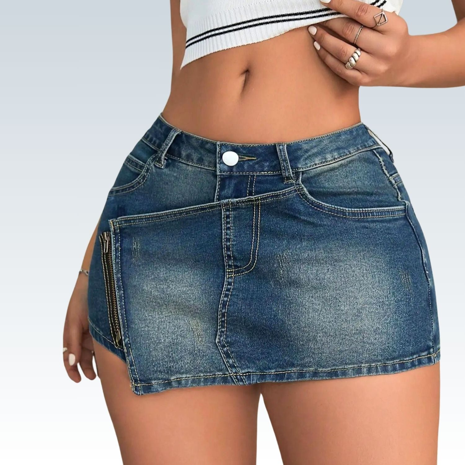 90s Inspired Denim A-Line Skort with Zip and Asymmetrical Hem - SHORTS LAND