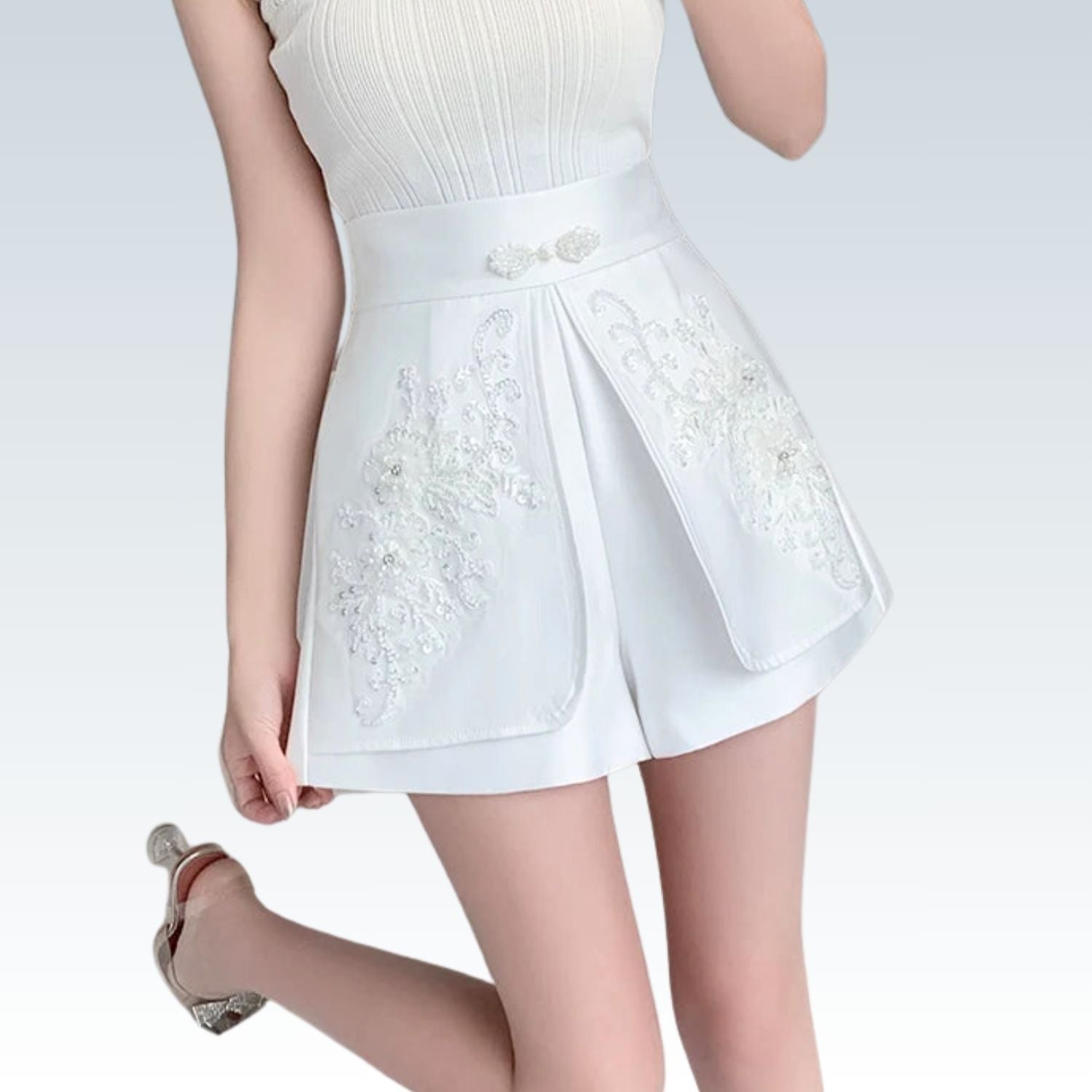 Rhinestone Beaded Wide-Leg Shorts⎥White French A-Line Hot Pants for Women