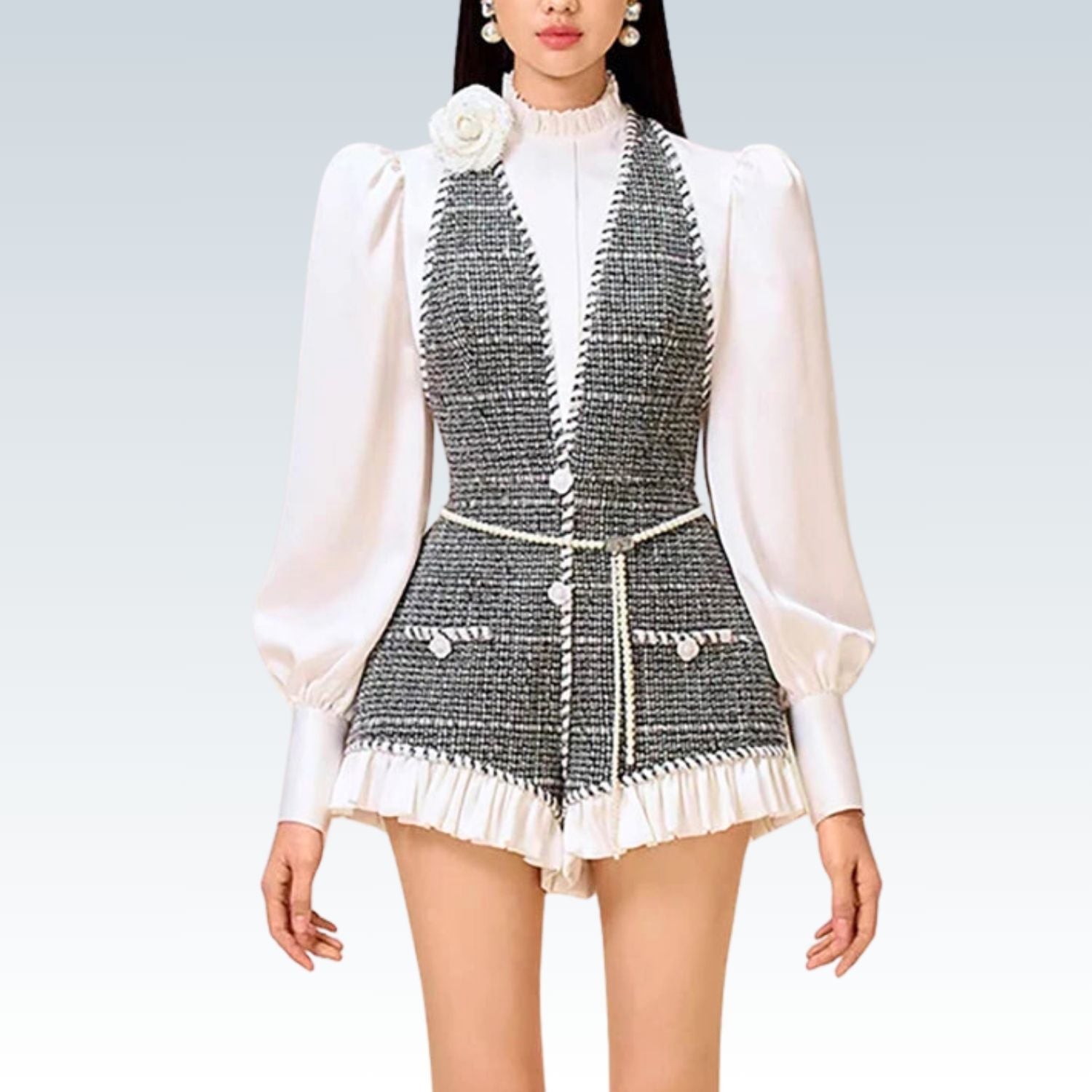 Contrast Color Patchwork Tweed Romper⎥Fashion Stand Collar Long Sleeve Playsuit Shorts for Women