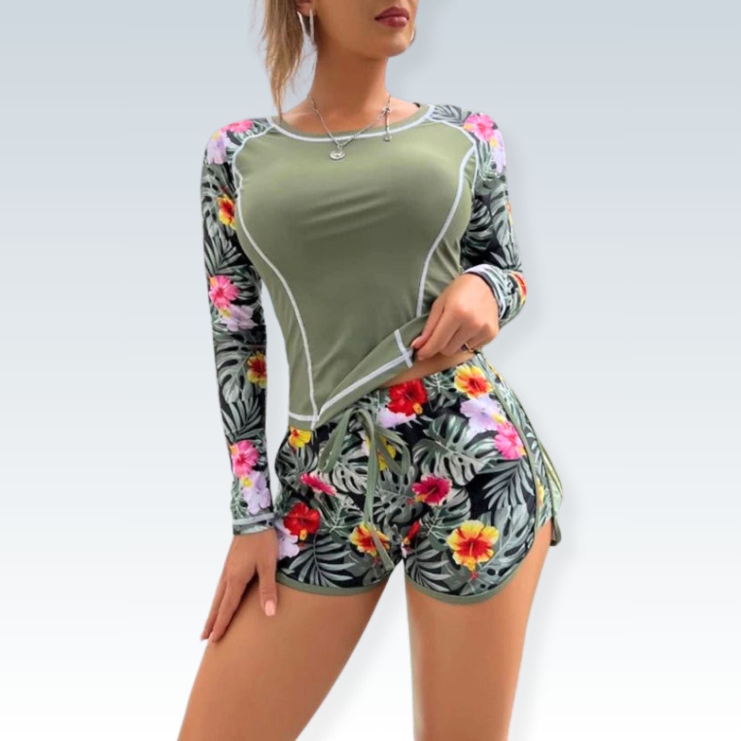 Tropical Print Tankini with Long Sleeve & Swim Shorts⎥Summer Beachwear Set for Women