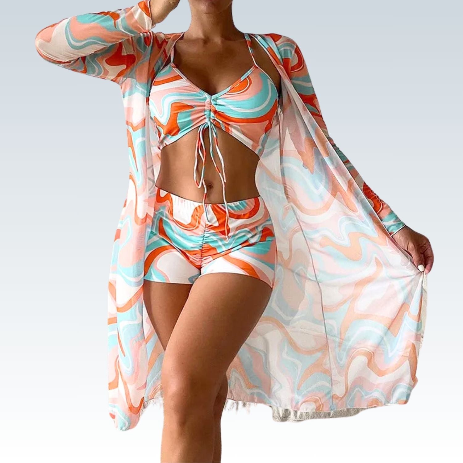 High Waist Push-Up Bikini Set with Cover-Up⎥Three-Piece Swimwear for Women