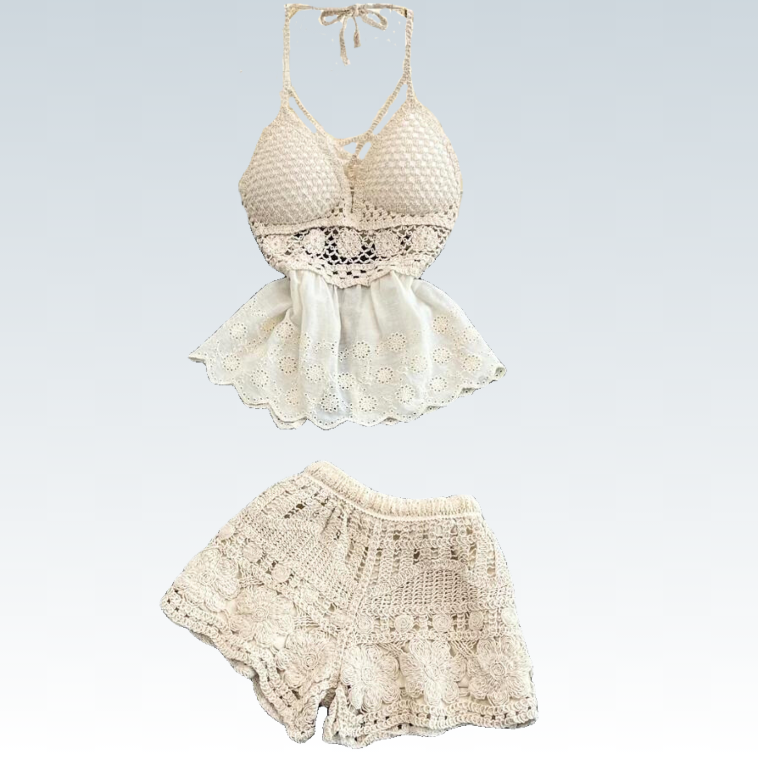 Bohemian Crochet Camisole & Shorts Set | Women's Backless Beachwear