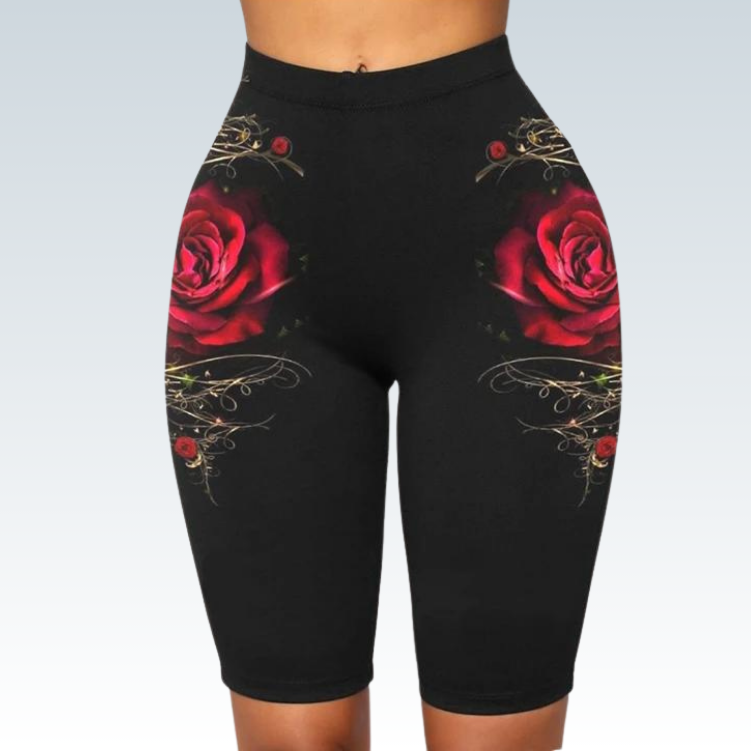 Rose Print High-Waist Stretch Shorts | Knee-Length Leggings for Women