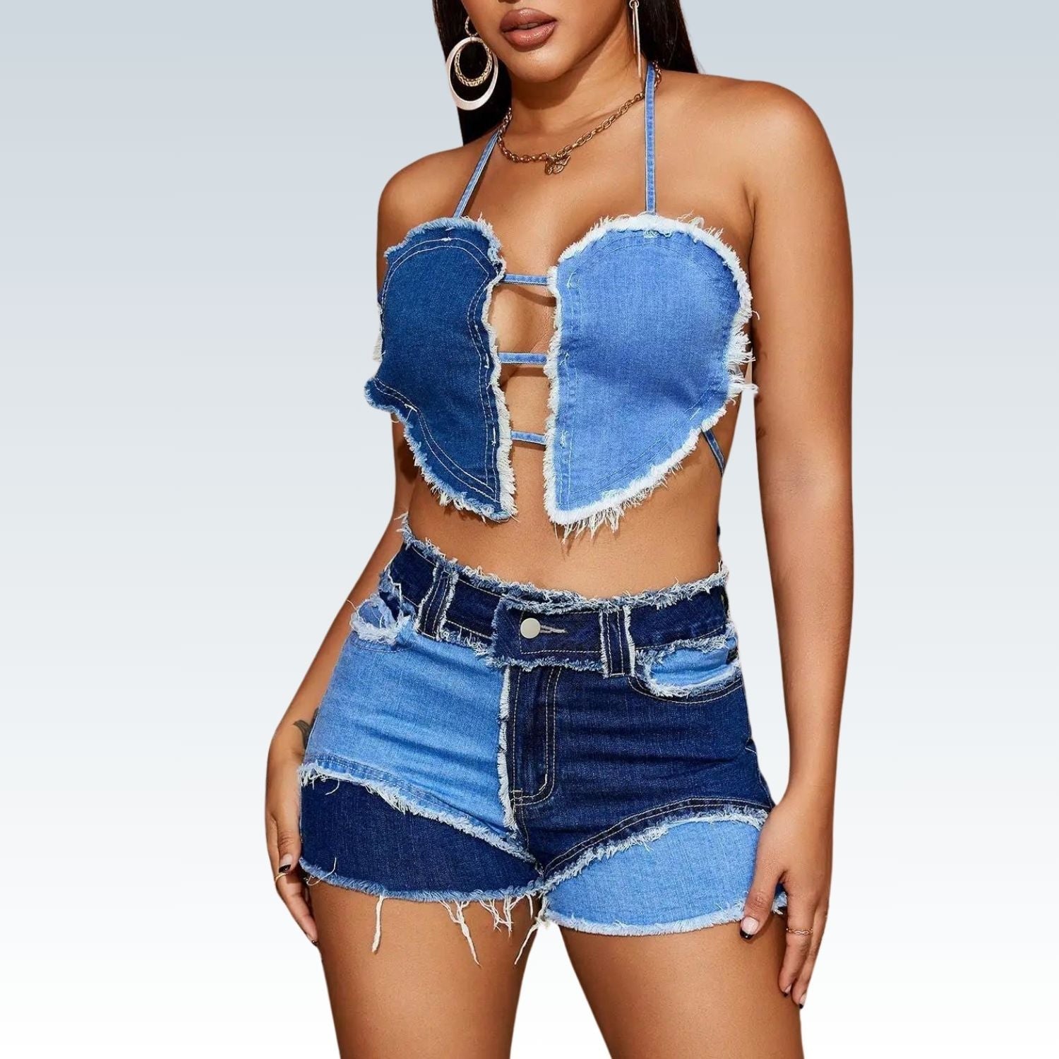 Daring Denim Duo⎥Heart Cut-Out Halter & Patchwork Jean Shorts Set.