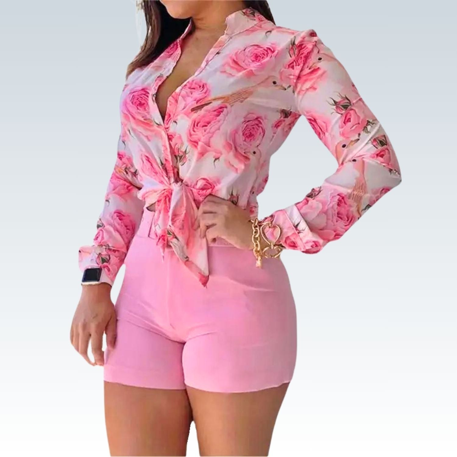 Floral Blouse & Pure Color Shorts Set⎥Shirt Shorts Suit for Women