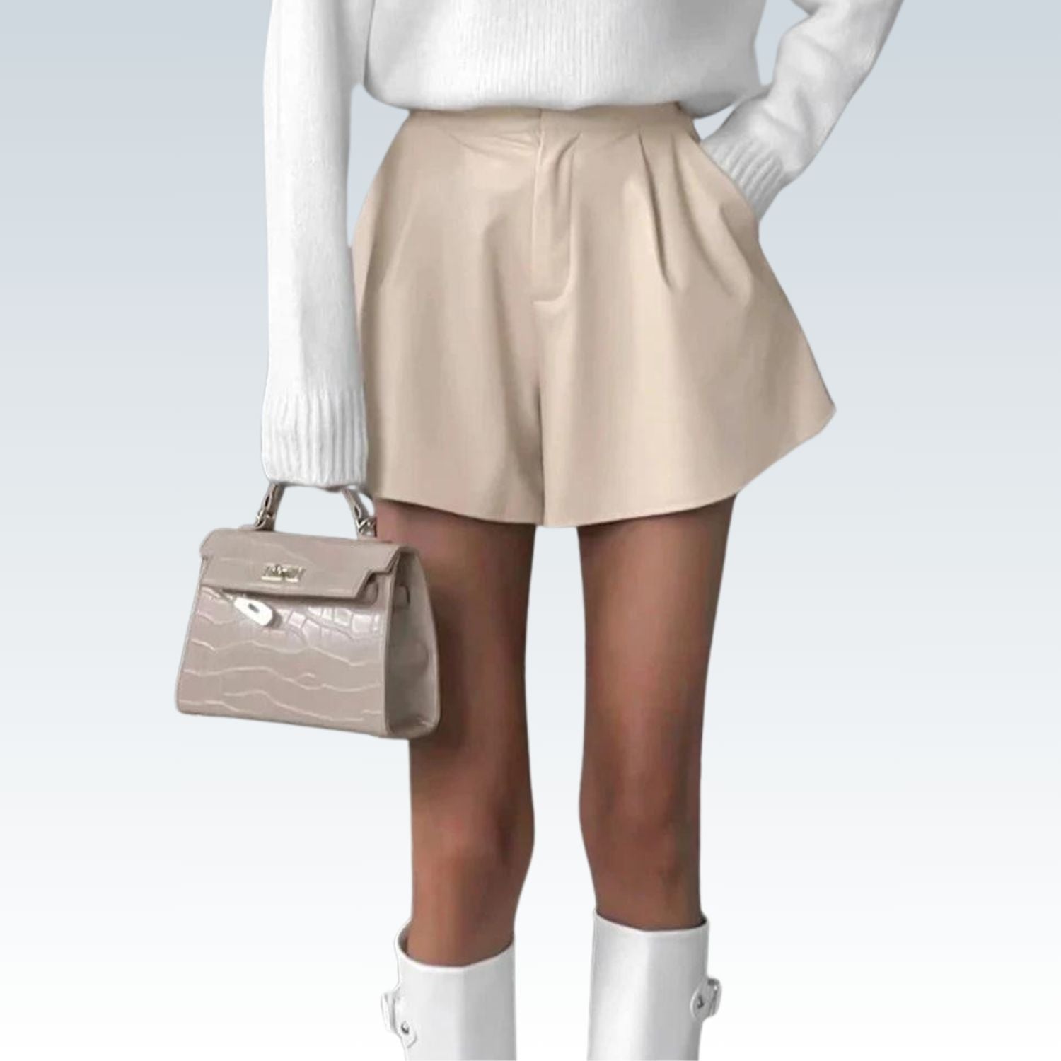 Sleek Elegance: Beige PU Leather Shorts for Women.