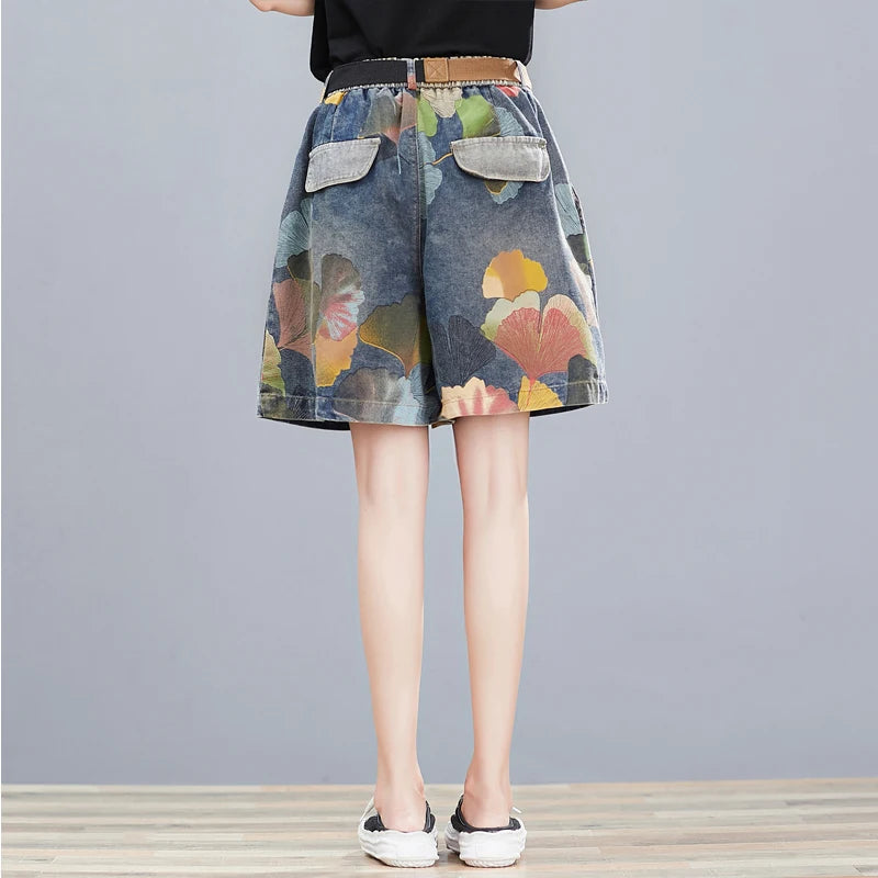 Floral Finesse Jorts⎥Artistic Print Oversized Jean Shorts