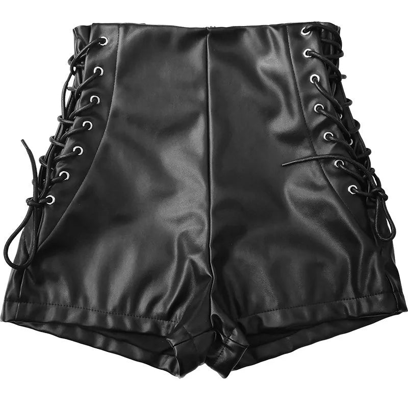 Black High-Waist PU Leather Bandage Shorts⎥Sexy Tight Fit for Women.