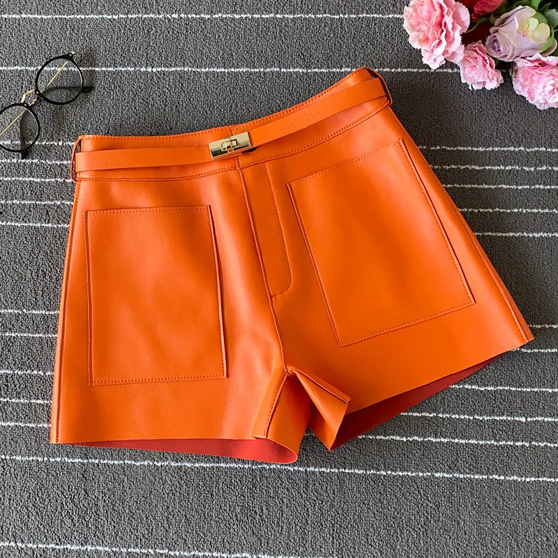 Chic High-Rise Genuine Leather Shorts⎥High-Quality Fashion for Women.