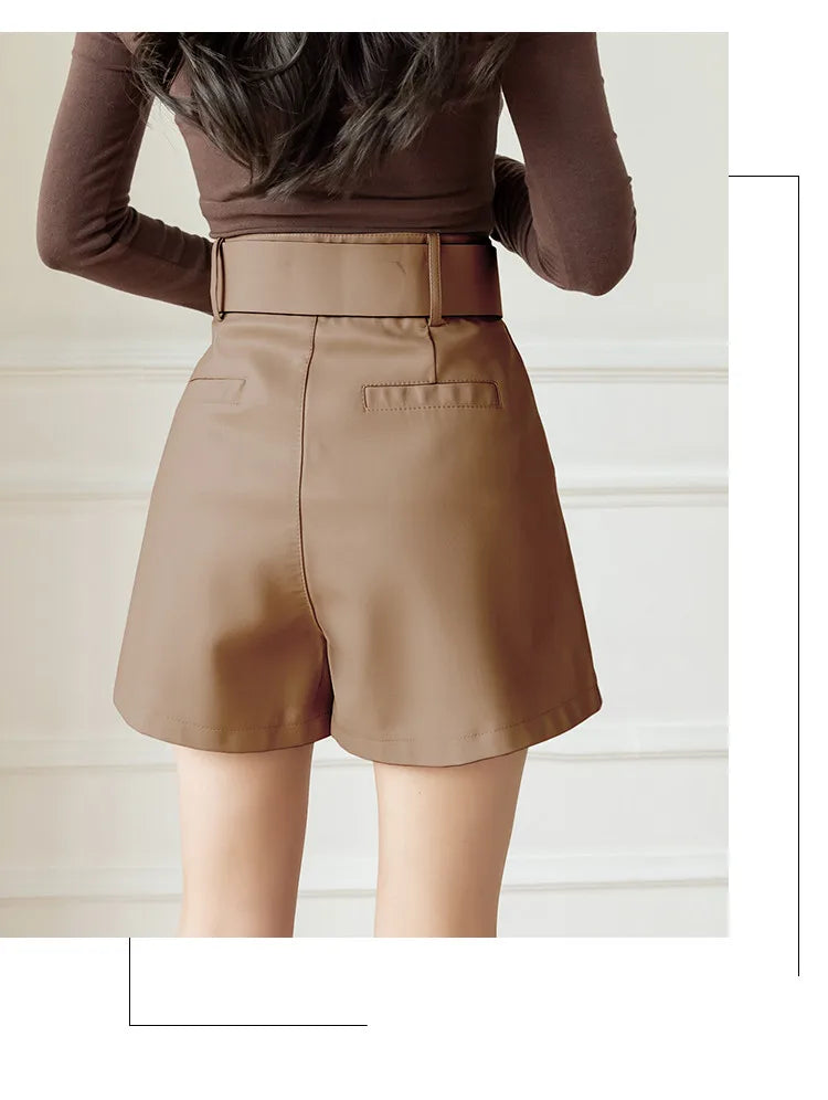 Contemporary Faux Leather Shorts⎥ High Waist Belted Shorts with Pockets.