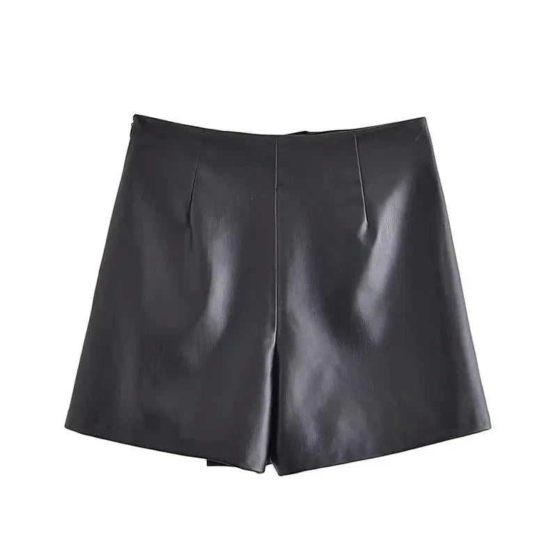 Black PU Leather Asymmetrical Skort⎥Mini Skirt Shorts with Buttons