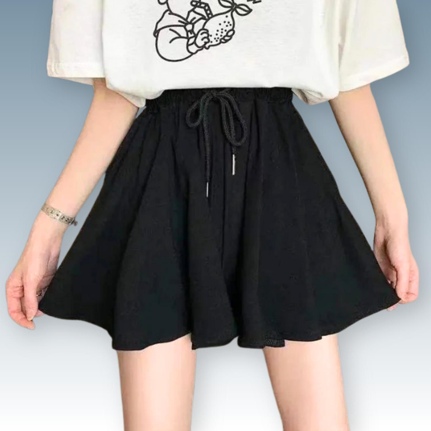 Elastic High Waist Black Skort | Casual Wide Leg A-Line Mini Skirt Shorts.