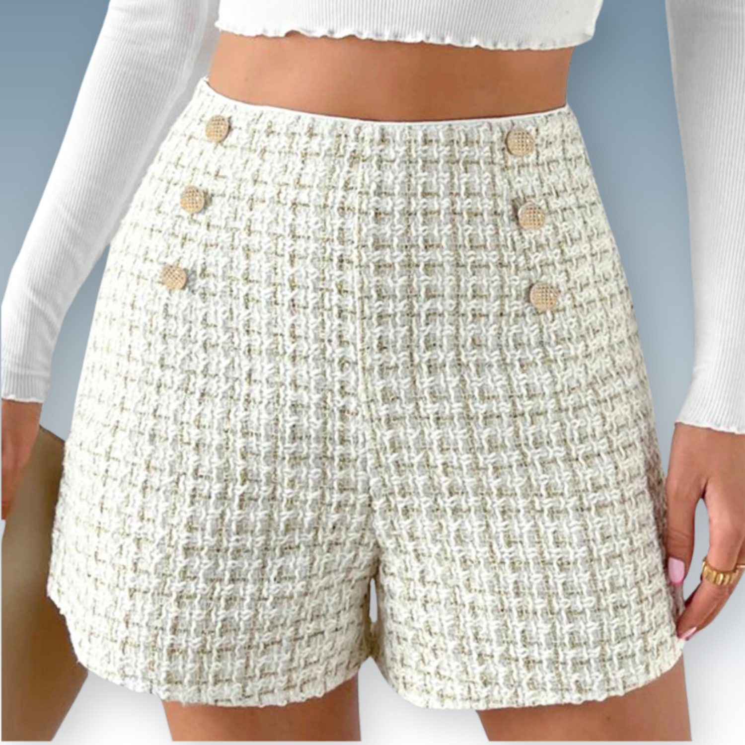 Chic Tweed Button Shorts | Casual Loose-Fit Design for Women.