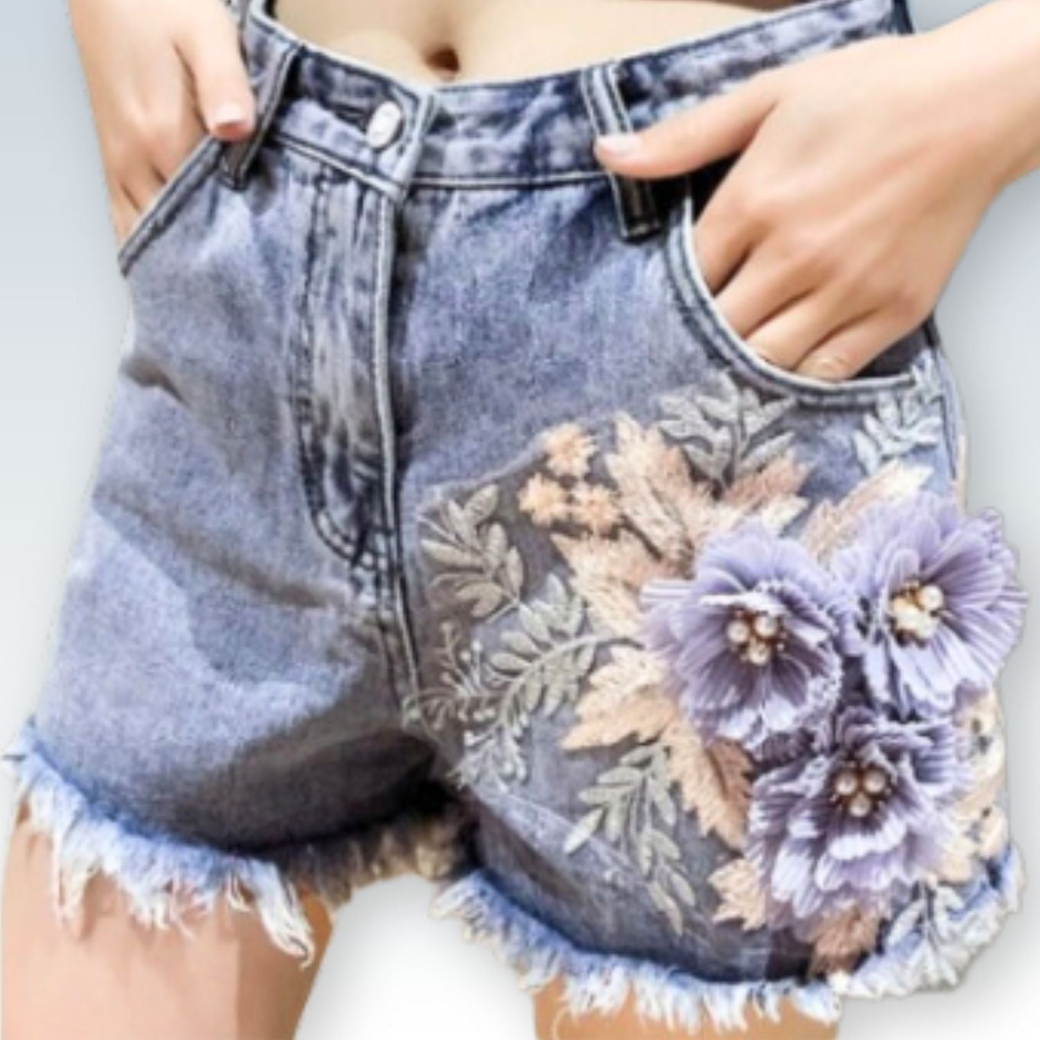 Boho Floral Embroidered Jean Shorts | Frayed Hem Jorts for a Free-Spirited Summer Style