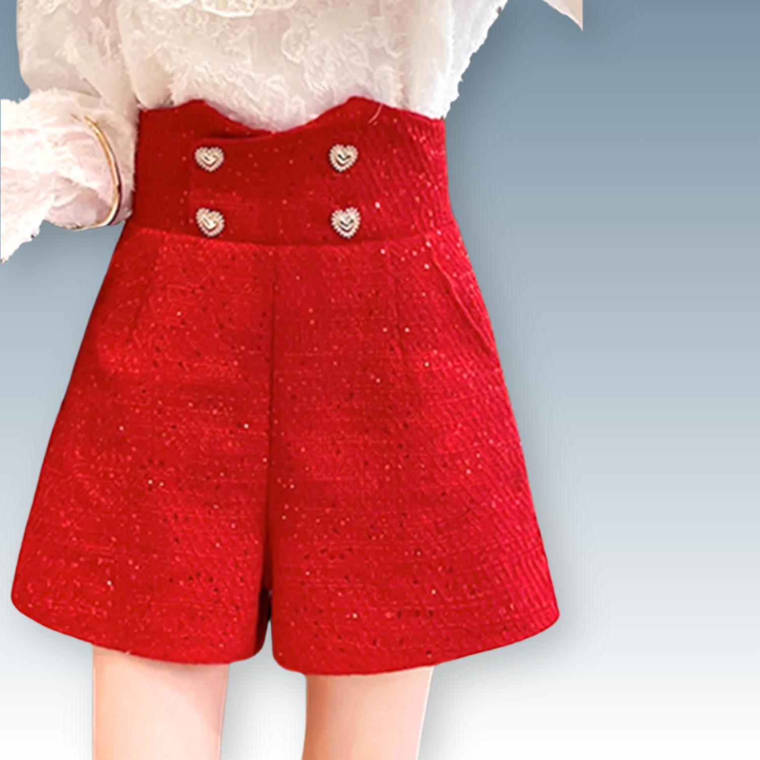 Embellished Heart Button Tweed Sequin Shorts ⎥ Glamorous Statement Fashion Piece