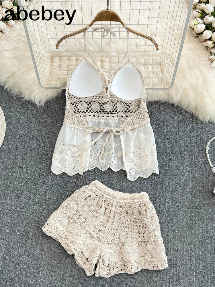 Bohemian Crochet Camisole & Shorts Set | Women's Backless Beachwear