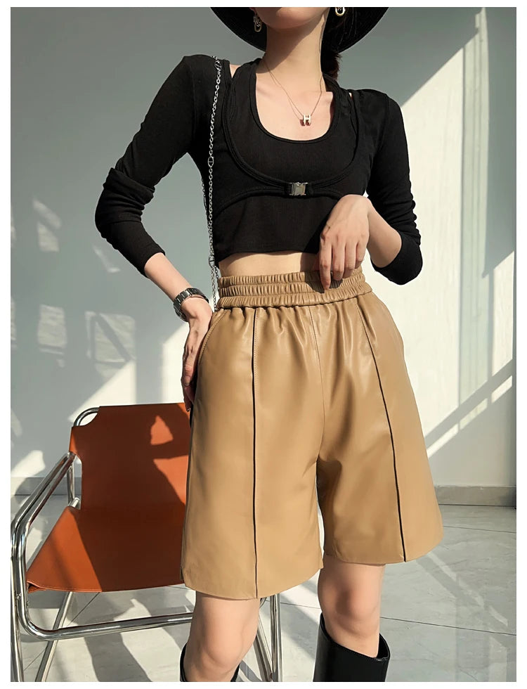 Authentic Leather Bermuda for Women ⎥ Wide Leg & Pockets Shorts.