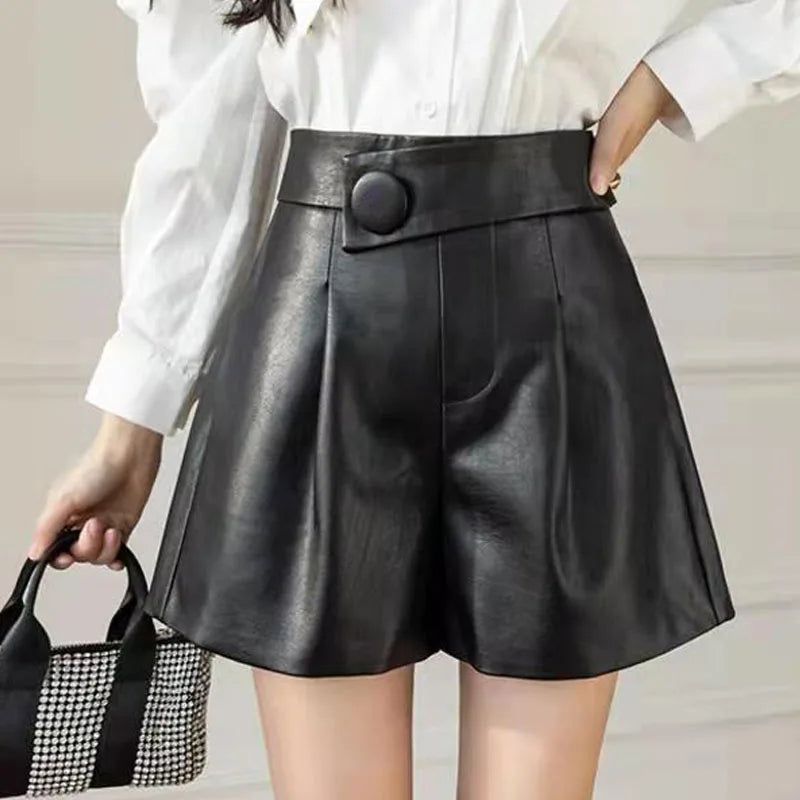 High Waist Loose Leather Shorts⎥All-Match Simplicity with Pockets.