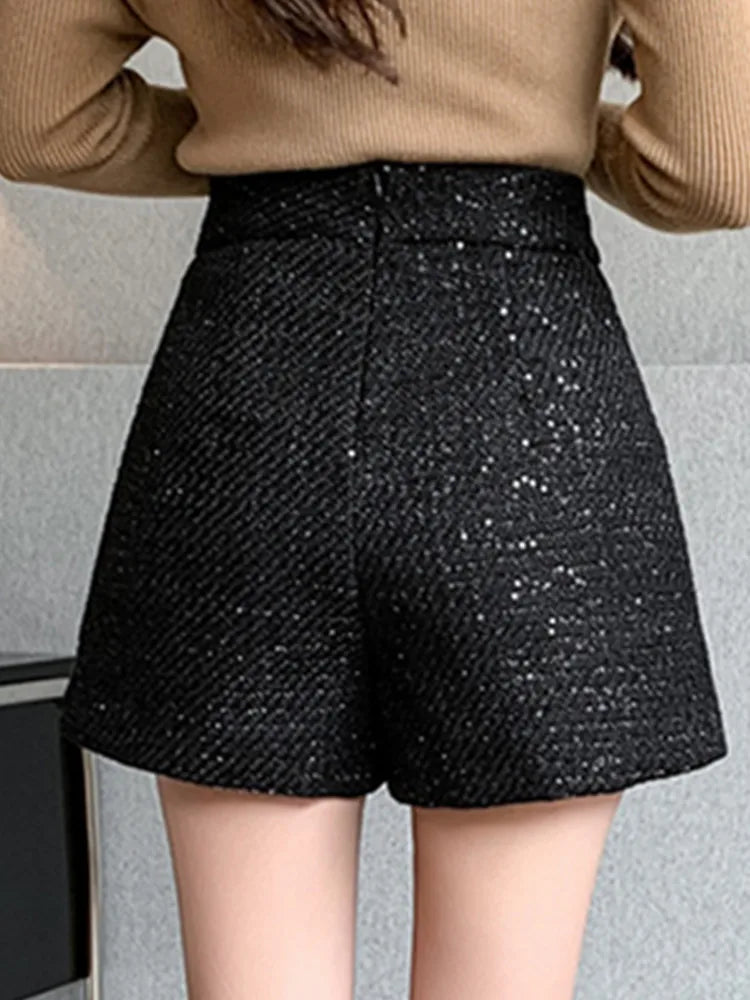 Double-Breasted Sequin Woolen Shorts ⎥ Women's Wide-Leg Comfort Fit