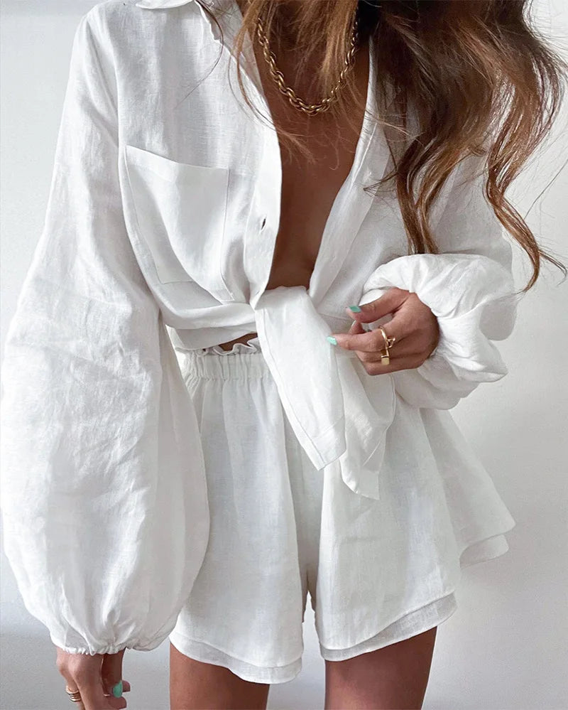 Bohemian Solid White 2-Piece Shorts Set⎥Loose Fit Blouse & Short Suit for Women