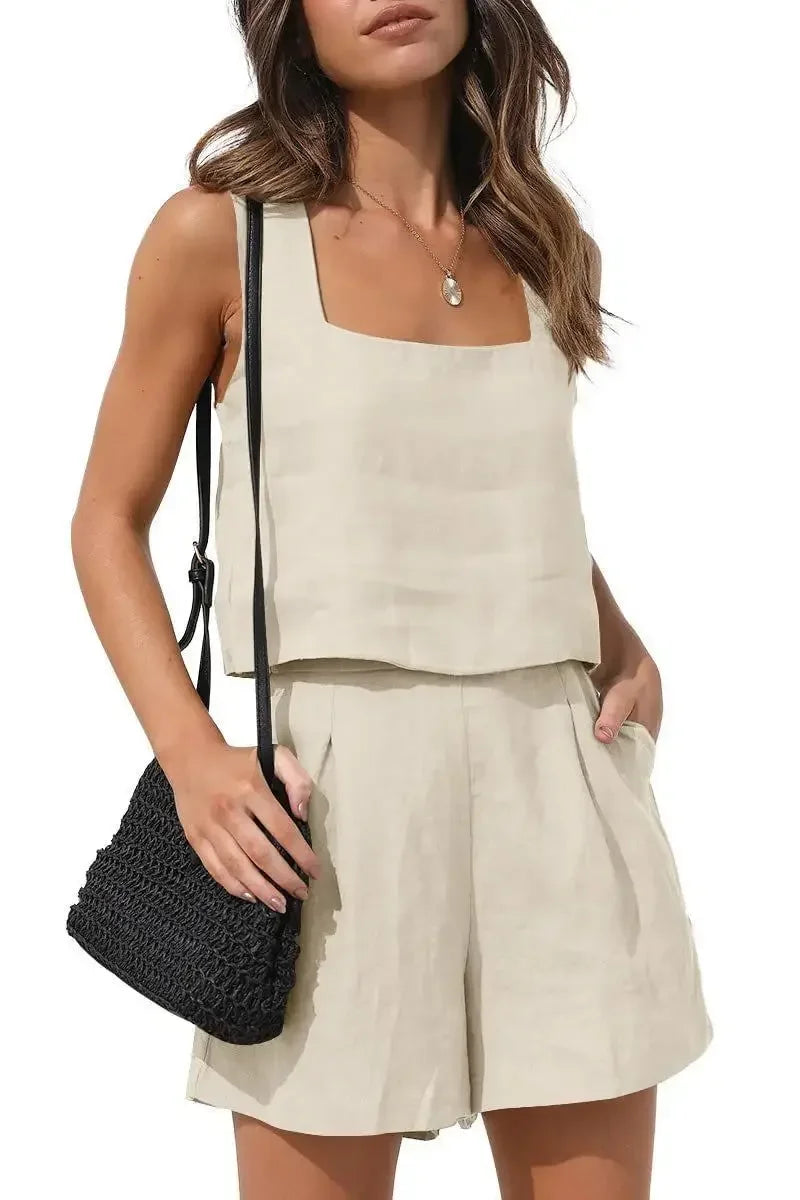 Breezy Linen Two-Piece Set⎥Sleeveless Top and Shorts Combo for Effortless Summer Style.