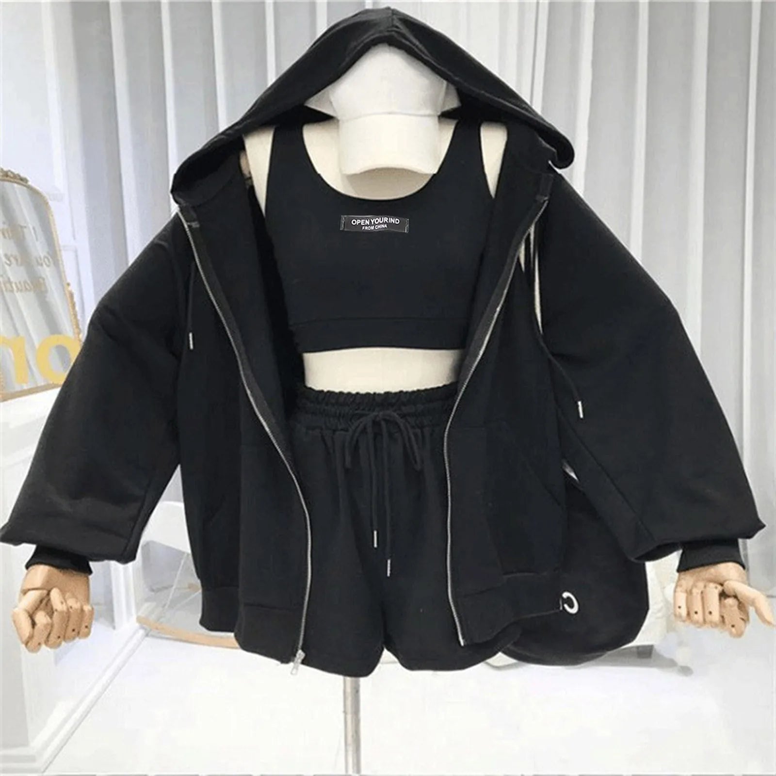 3-Piece Casual Sports Tracksuit for Women⎥Shorts, Camisole & Hoodie Set for Streetwear