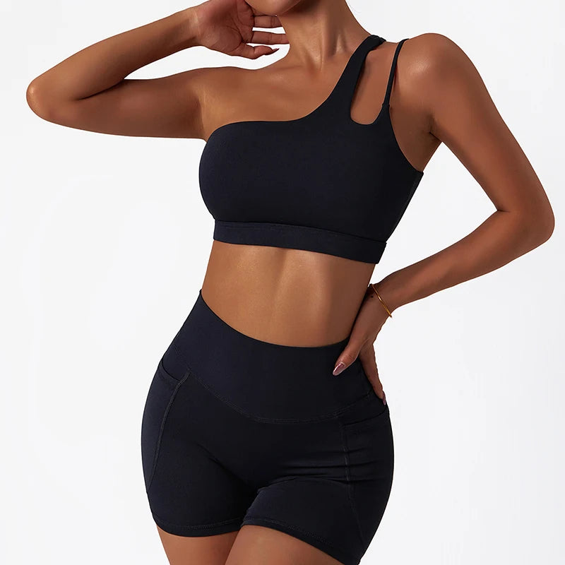 2-Piece Gym Suit Shorts⎥One Shoulder Yoga Set for Women