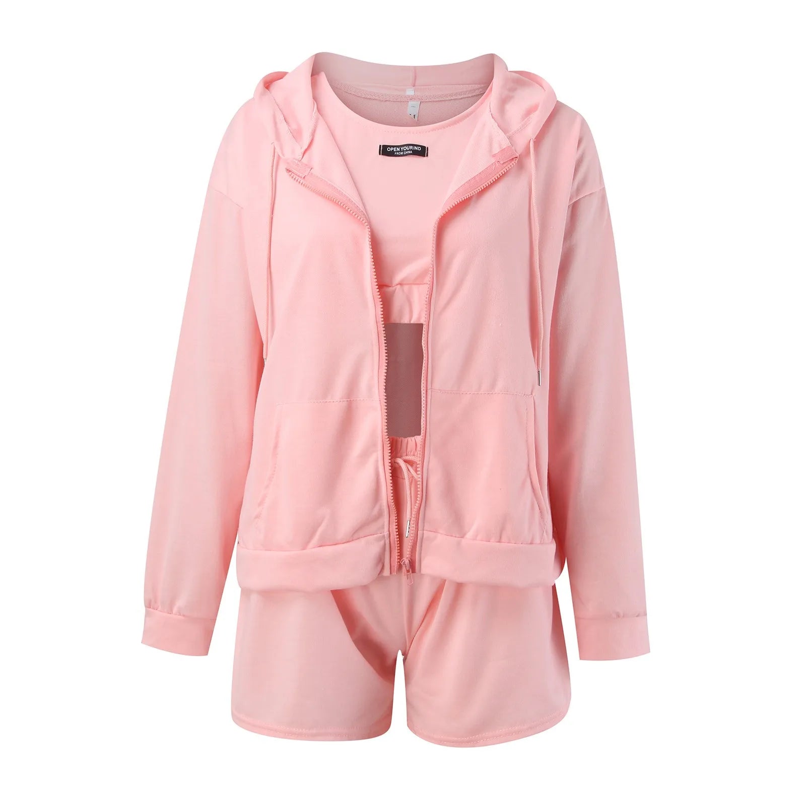 3-Piece Casual Sports Tracksuit for Women⎥Shorts, Camisole & Hoodie Set for Streetwear