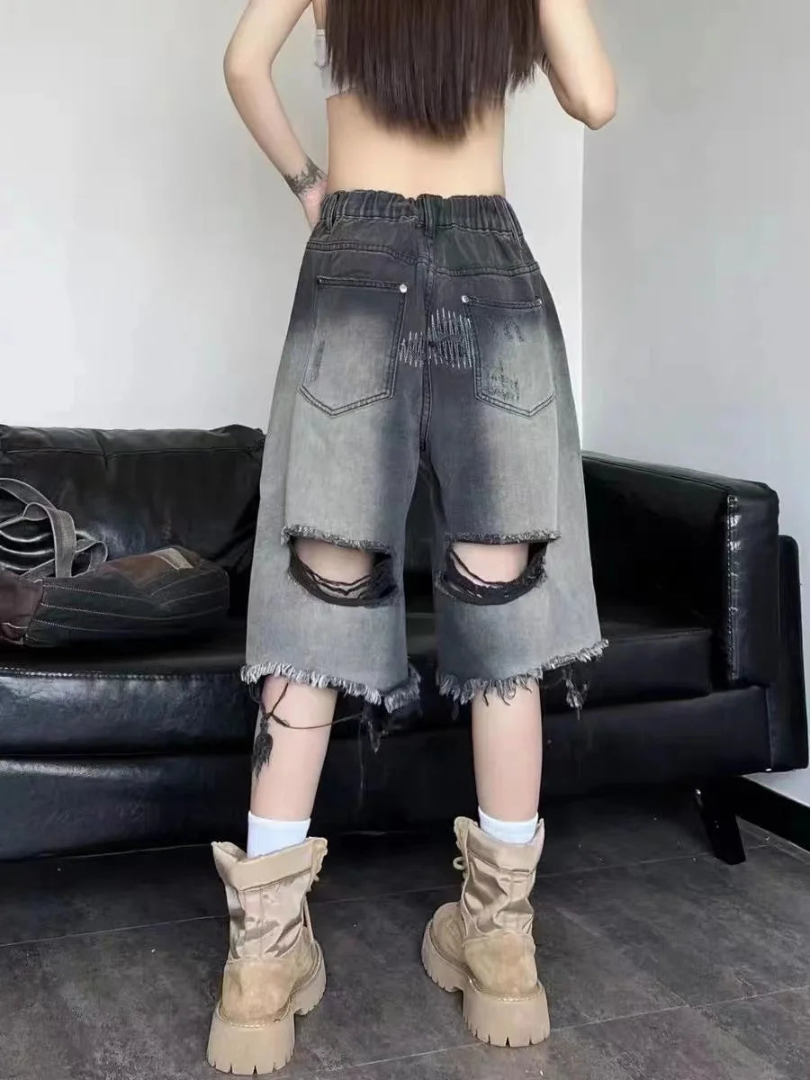 Distressed Baggy Jean Shorts |  Street-Style Over-the-Knee Shorts