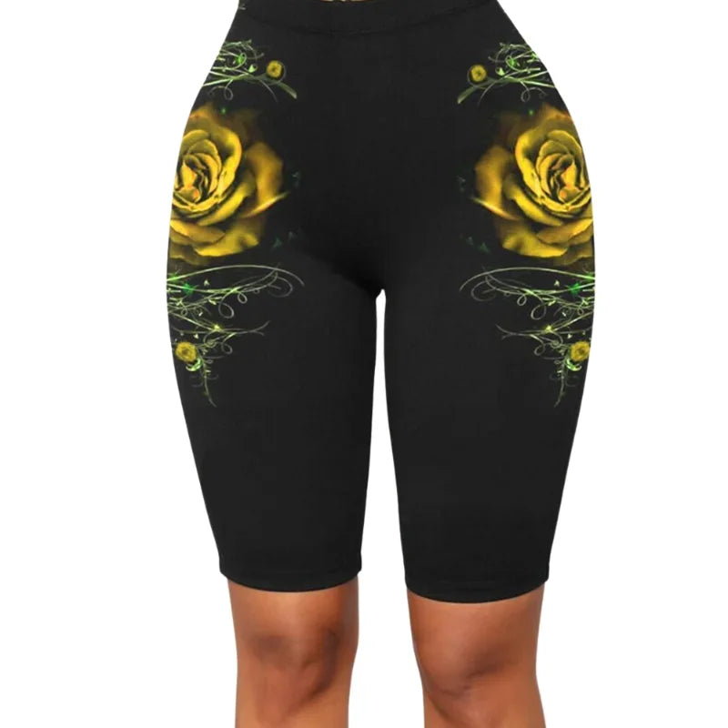 Rose Print High-Waist Stretch Shorts | Knee-Length Leggings for Women