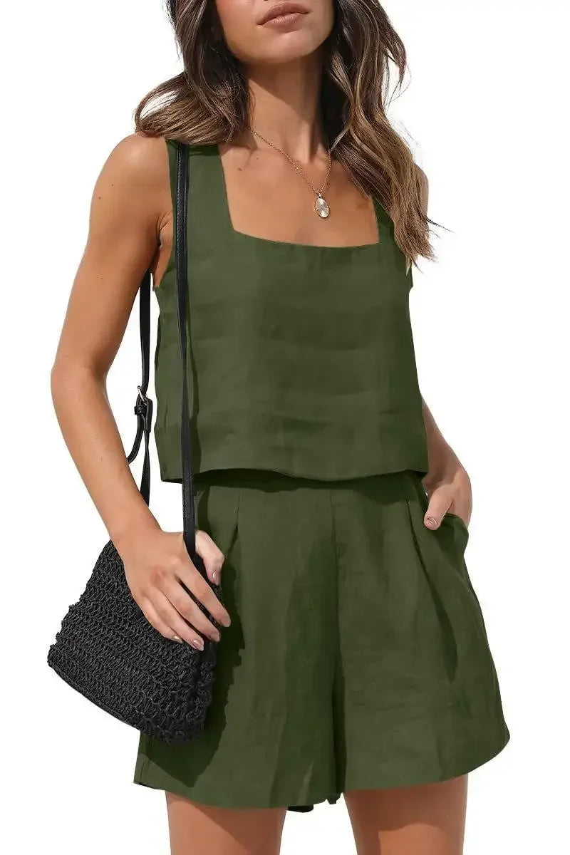 Breezy Linen Two-Piece Set⎥Sleeveless Top and Shorts Combo for Effortless Summer Style.