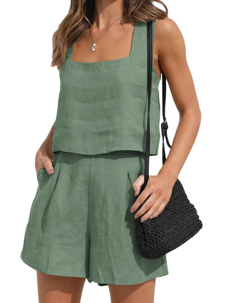 Breezy Linen Two-Piece Set⎥Sleeveless Top and Shorts Combo for Effortless Summer Style.