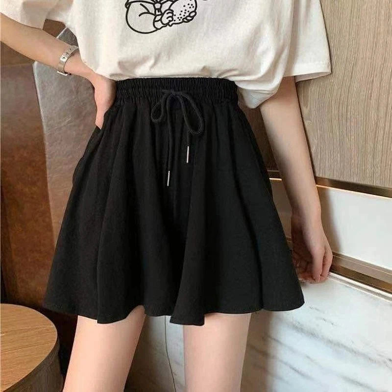 Elastic High Waist Black Skort | Casual Wide Leg A-Line Mini Skirt Shorts.