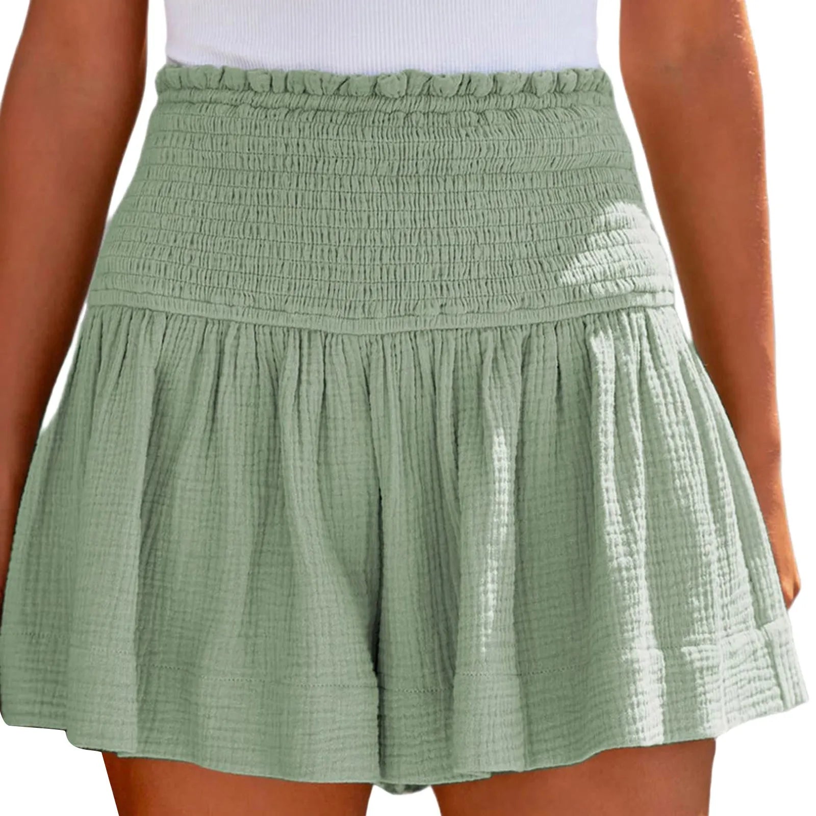 Flowy High Elastic Waist Cotton Shorts⎥Pleated Ruffle Cute Casual Shorts for Women.