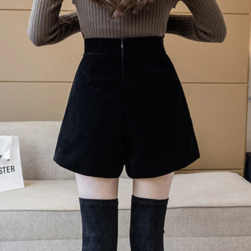 Black Velvet Skort⎥High-Waist A-Line Skirt Shorts with Big Pin.