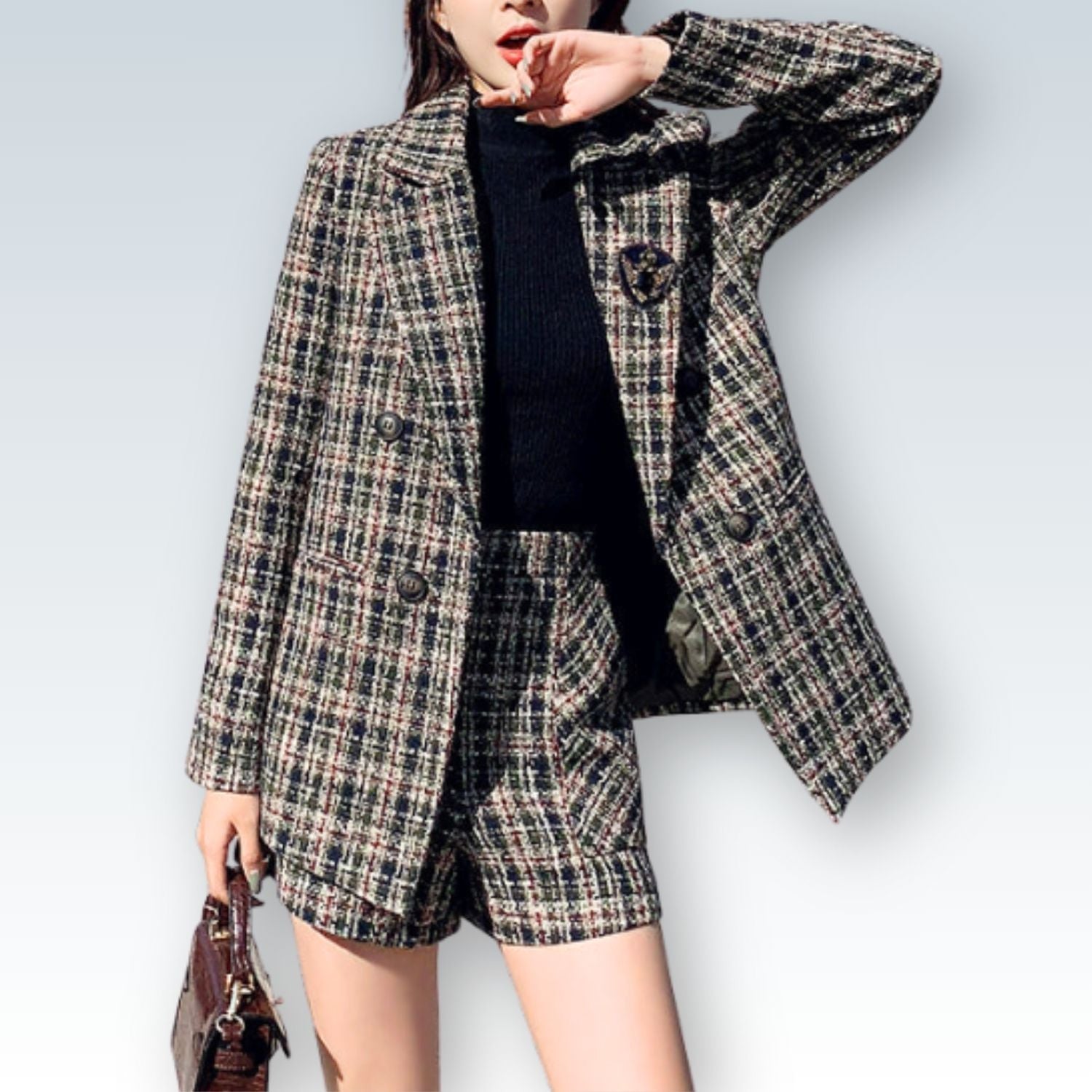 Plaid Tweed Blazer and Shorts Co-ord Set | Contemporary Women's Tailored Suit Ensemble